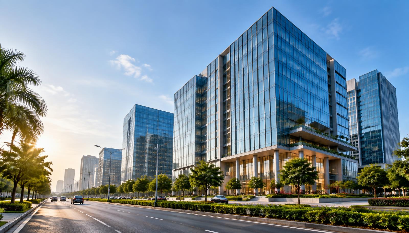 Glass commercial office towers in a Delhi NCR business district