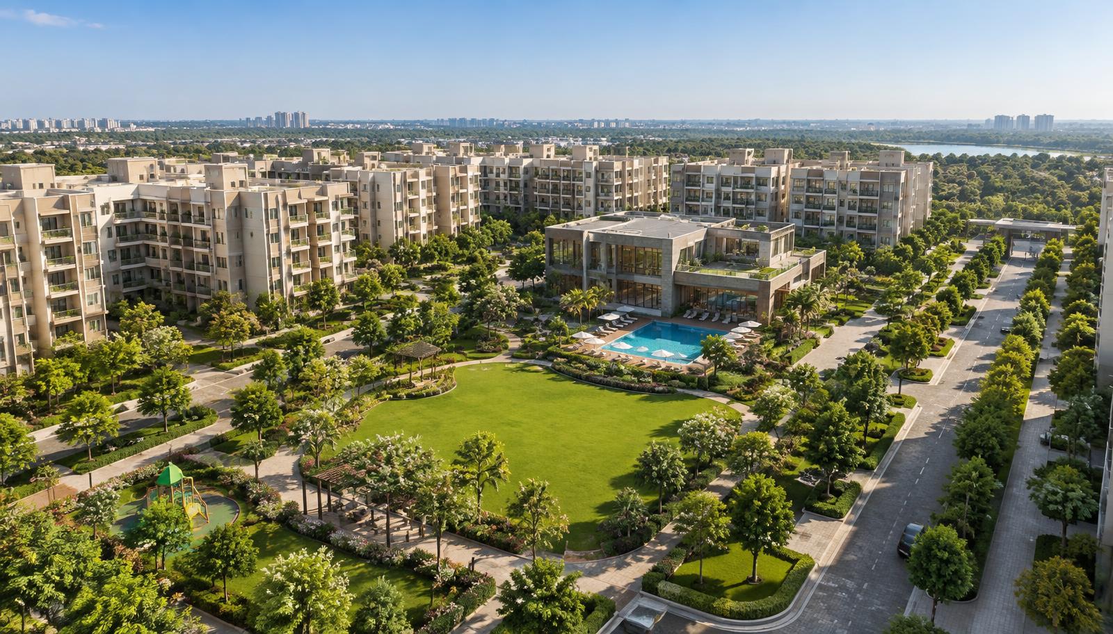 Planned residential township with parks and tree-lined avenues