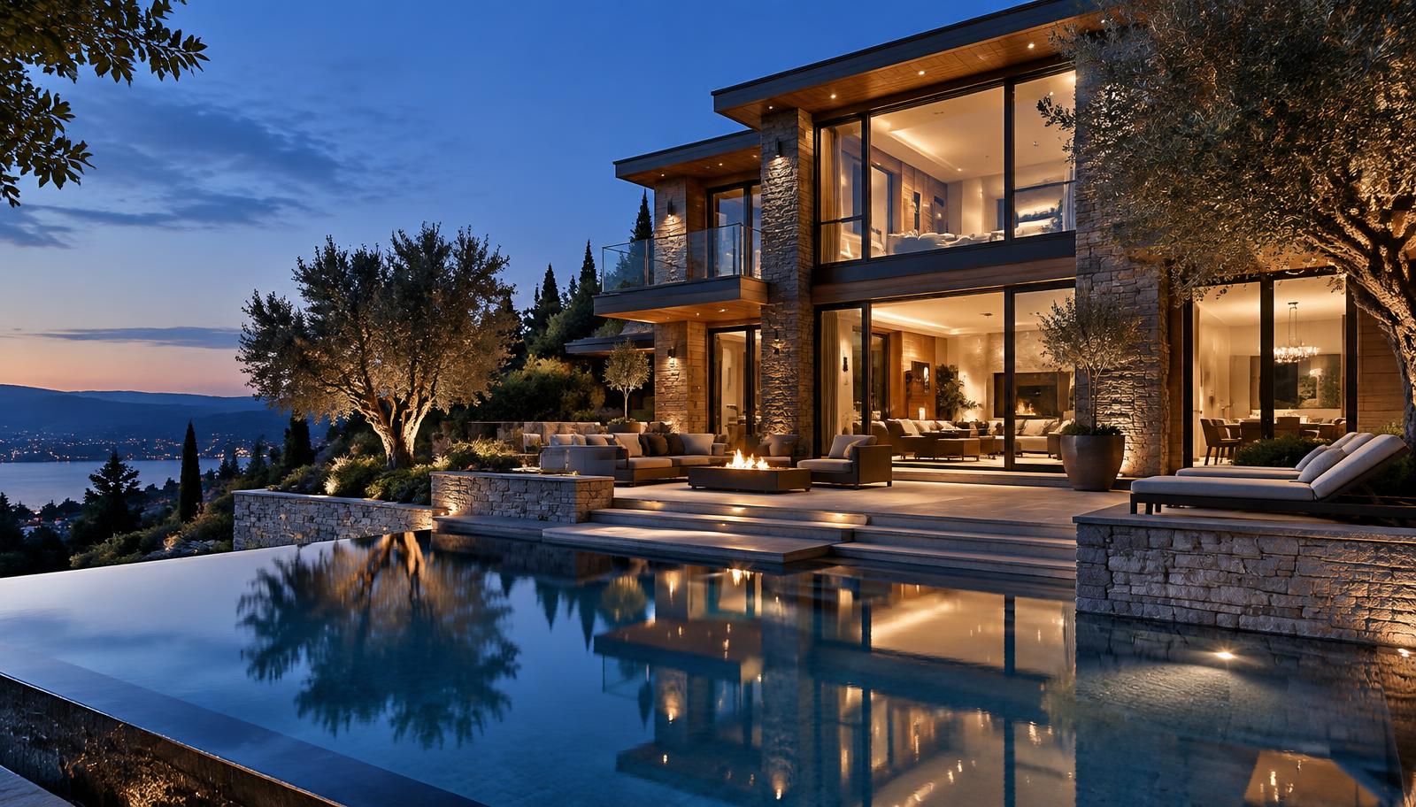 Contemporary villa with a lit pool in a gated community at dusk
